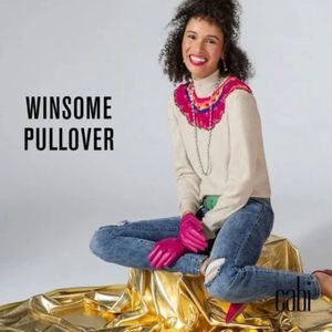 CAbi Winsome Pullover Turtleneck Sweater Embroidered Women XS 4416 Tan Pink Blue